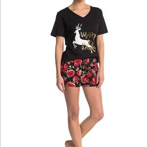 COZY ROZY Merry & Bright V-neck T-shirt & Floral Shorts 2-piece Pajama Set